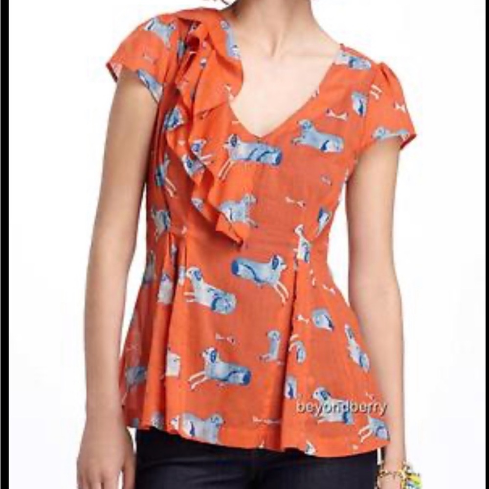 Anthropologie Animal Kingdom Blouse by Meadow Rue Orange blue sheep dog Sizeโ 6